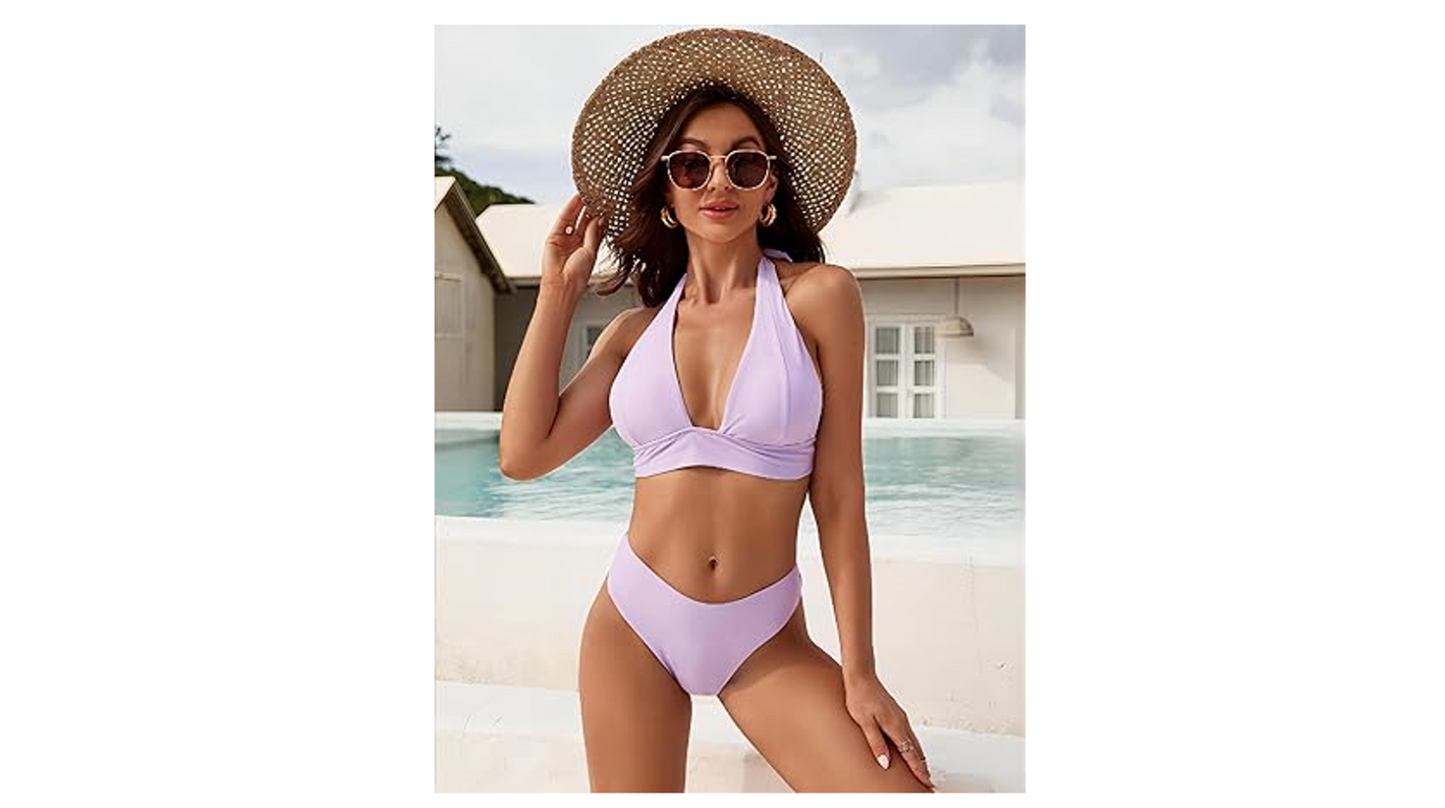 Blooming Jelly Womens High Cut Bikini Sets Halter Cheeky Swimsuit Deep V Neck, M