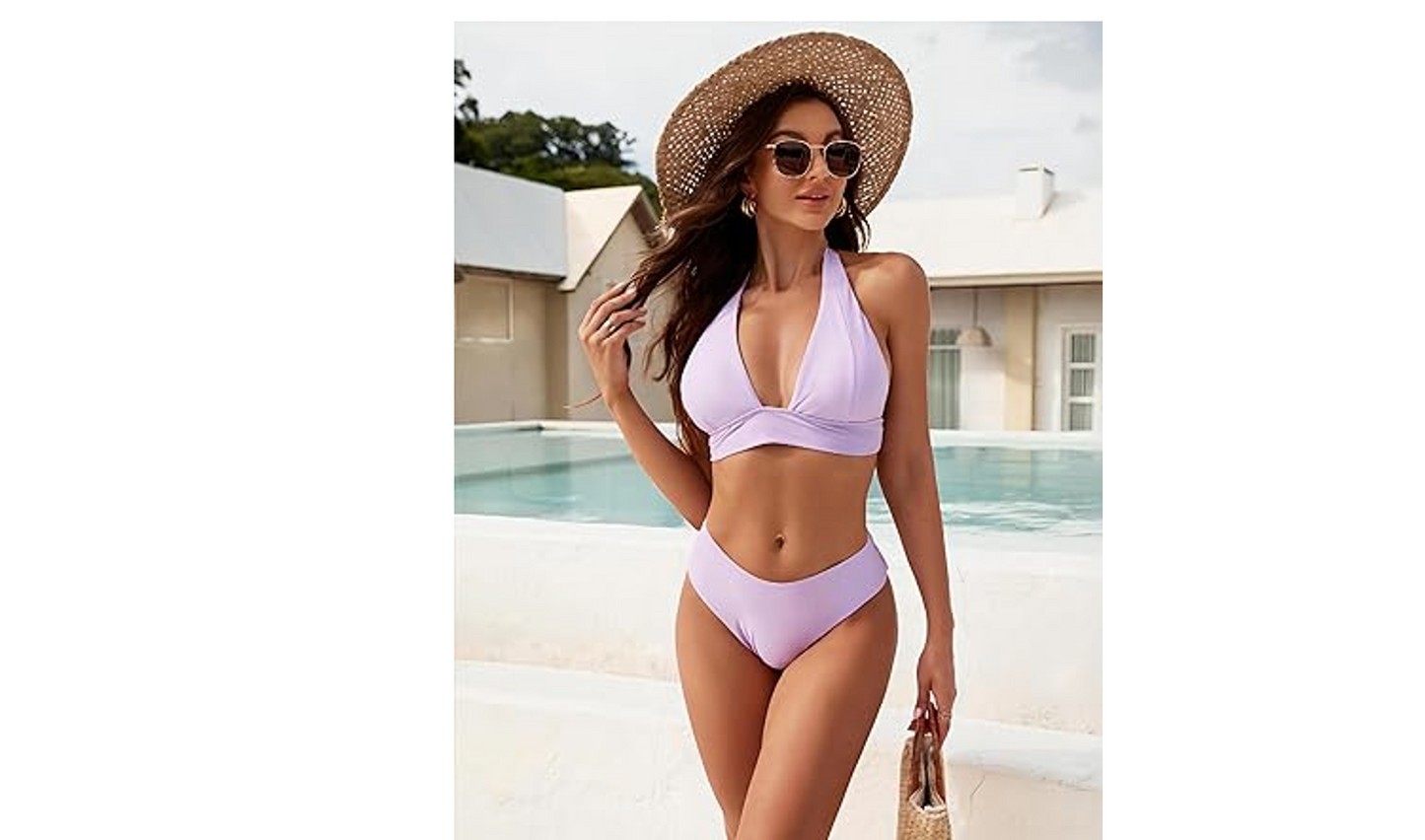 Blooming Jelly Womens High Cut Bikini Sets Halter Cheeky Swimsuit Deep V Neck, M