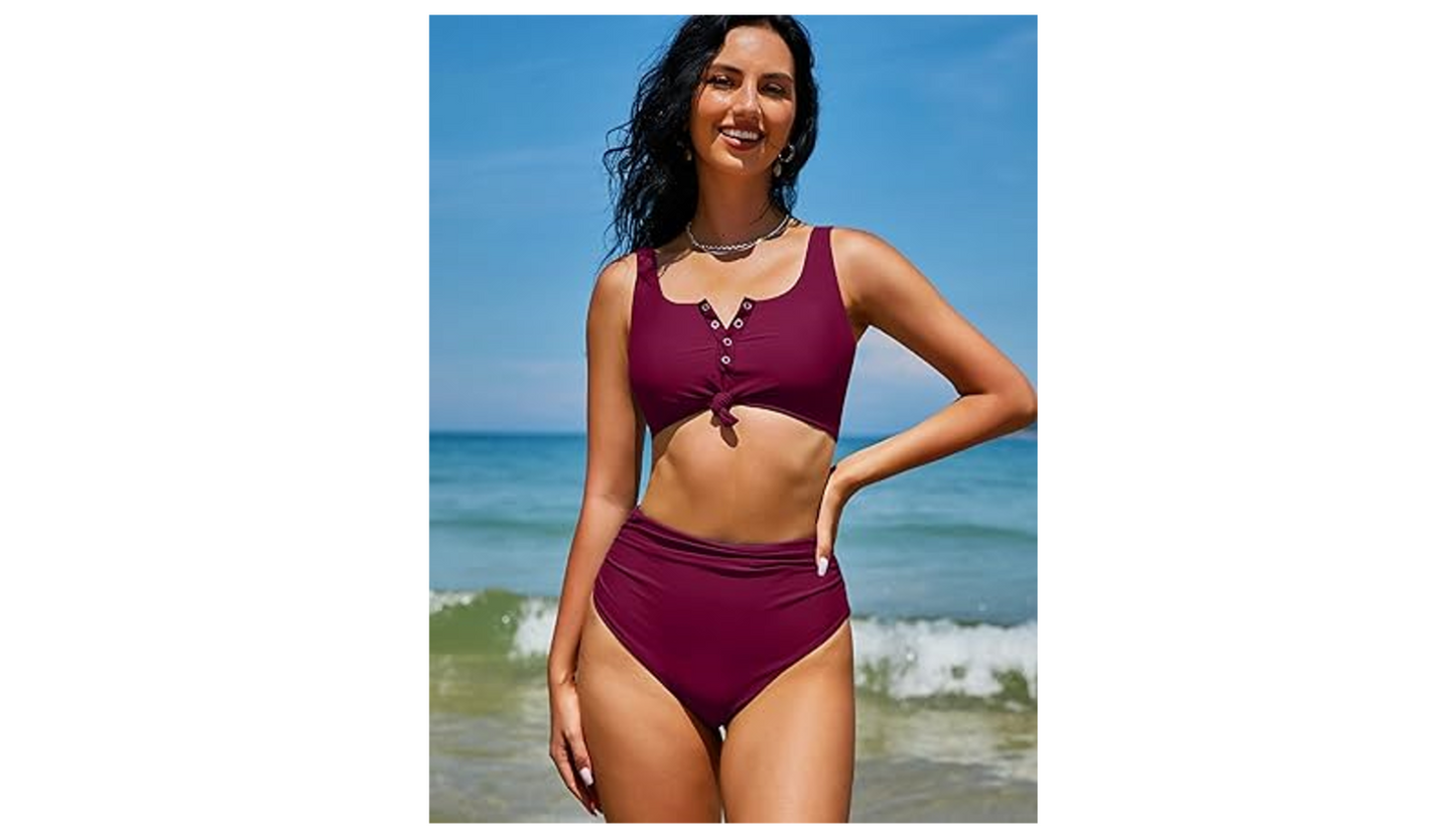 ZAFUL Women Knotted Front Tankini Set High Waisted Bikini Scoop Neck 2 Piece, XS