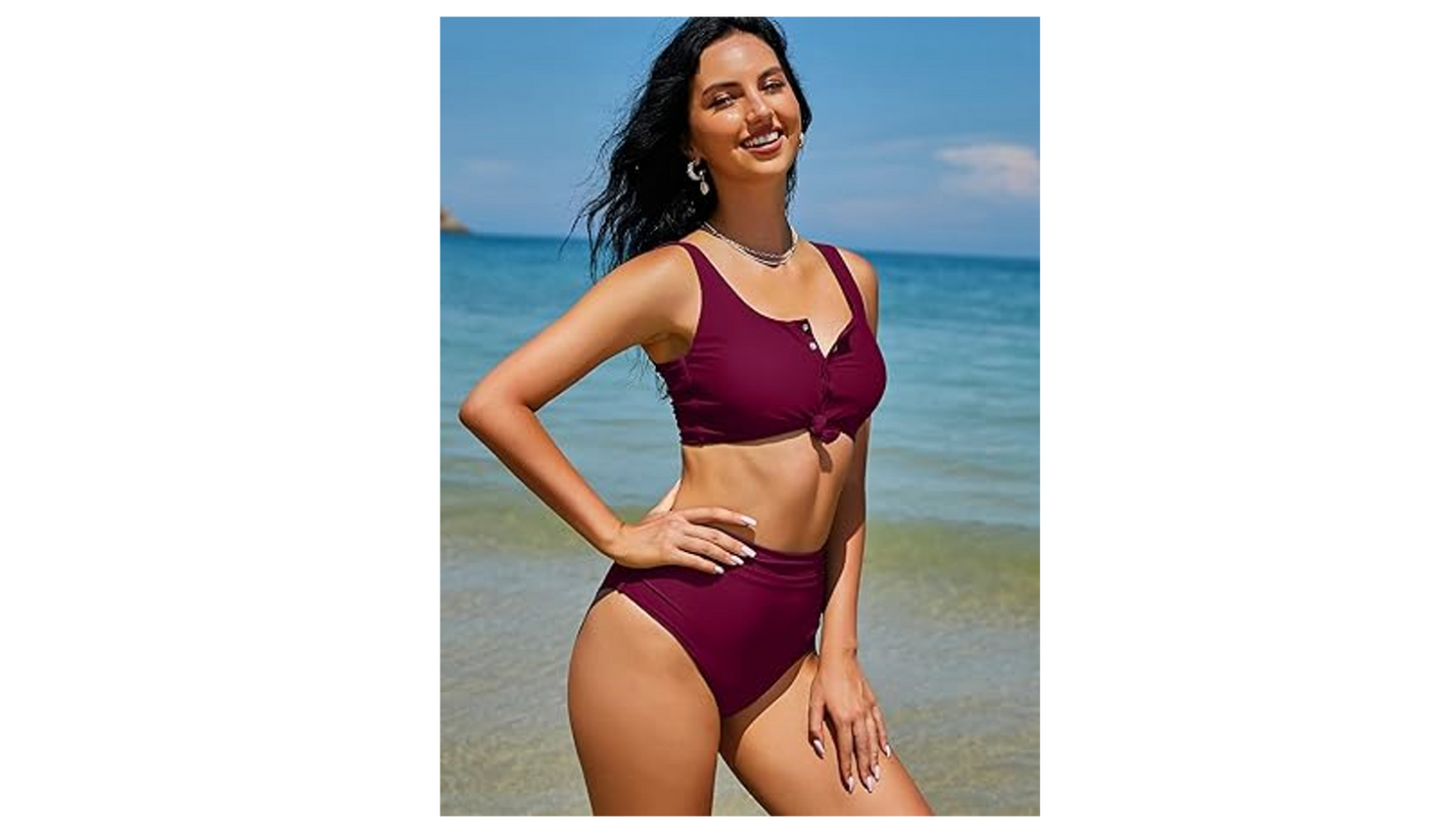 ZAFUL Women Knotted Front Tankini Set High Waisted Bikini Scoop Neck 2 Piece, XS