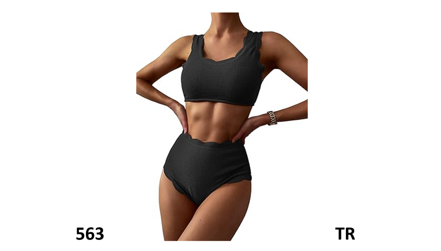 ZAFUL Women Scalloped Textured Swimwear High Waist Wide Strap Adjustable Back, S