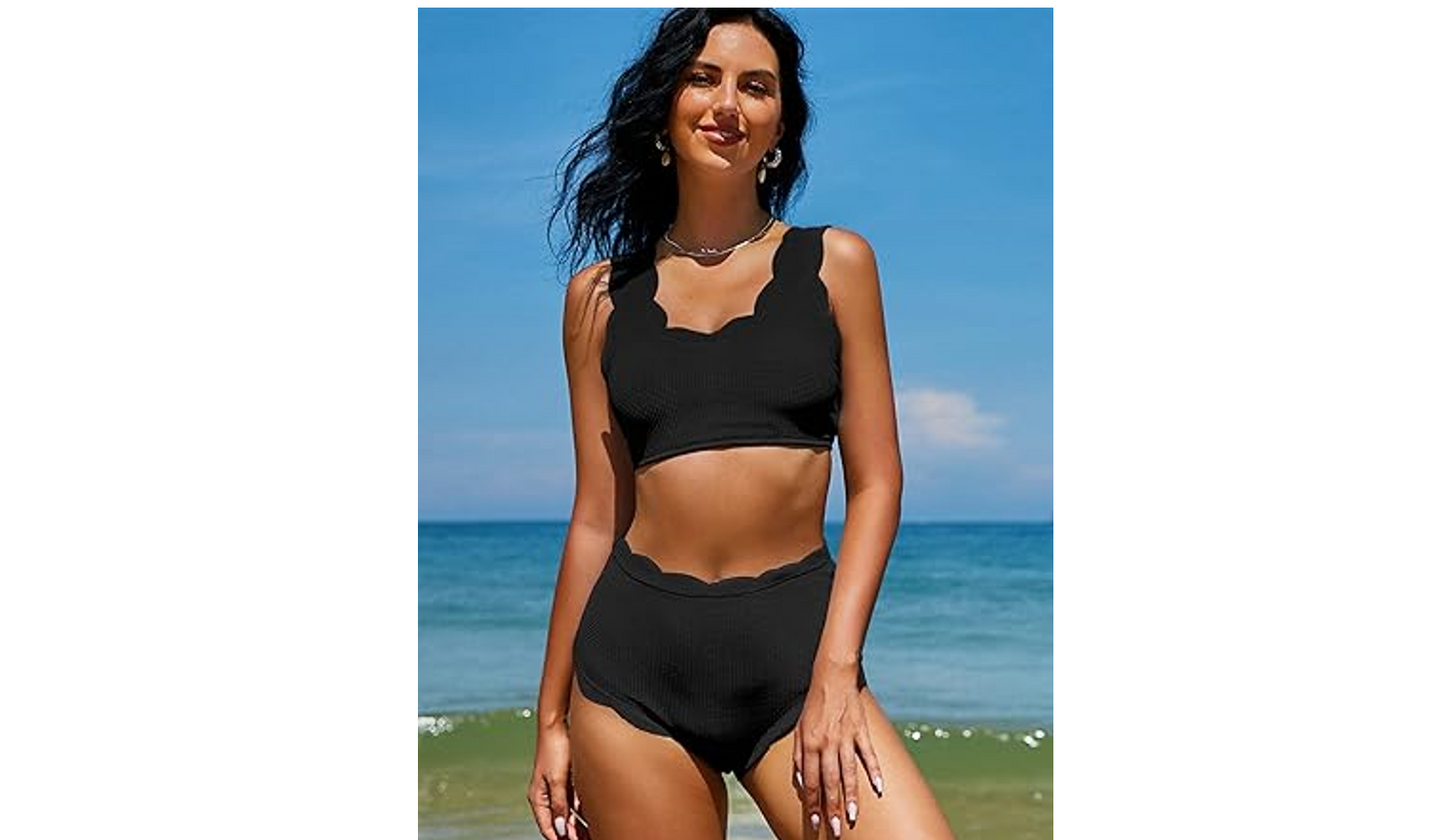 ZAFUL Women Scalloped Textured Swimwear High Waist Wide Strap Adjustable Back, S