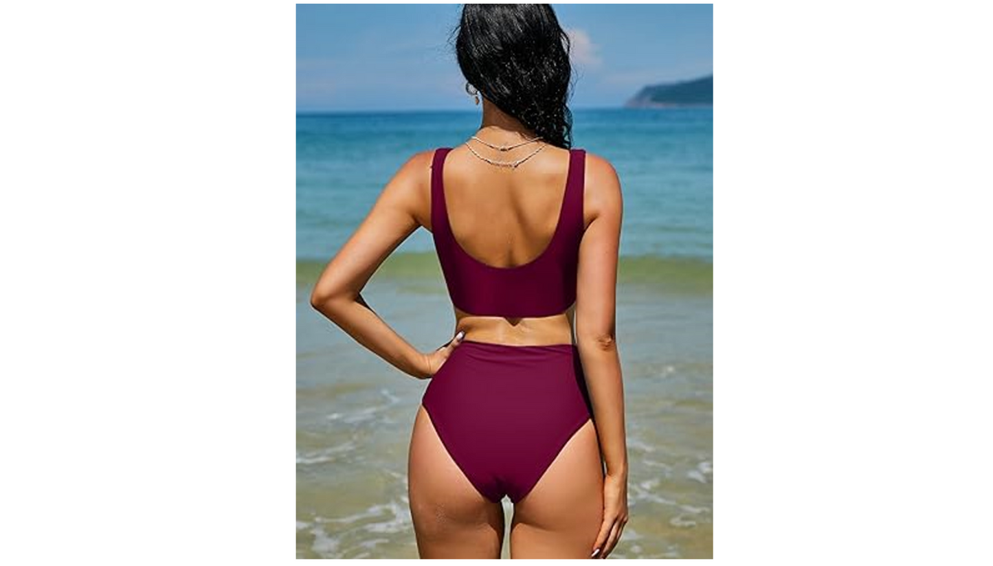 ZAFUL Women Knotted Front Tankini Set High Waisted Bikini Scoop Neck 2 Piece, XS