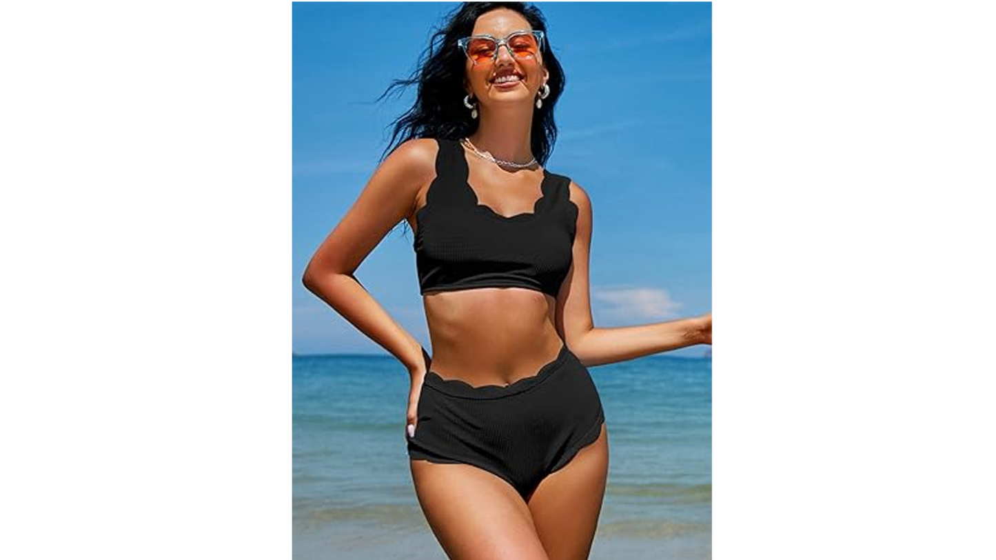 ZAFUL Women Scalloped Textured Swimwear High Waist Wide Strap Adjustable Back, S