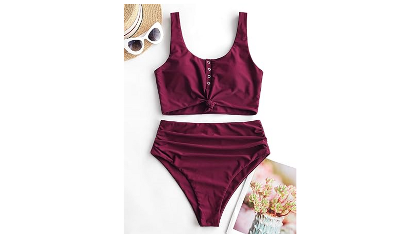 ZAFUL Women Knotted Front Tankini Set High Waisted Bikini Scoop Neck 2 Piece, XS
