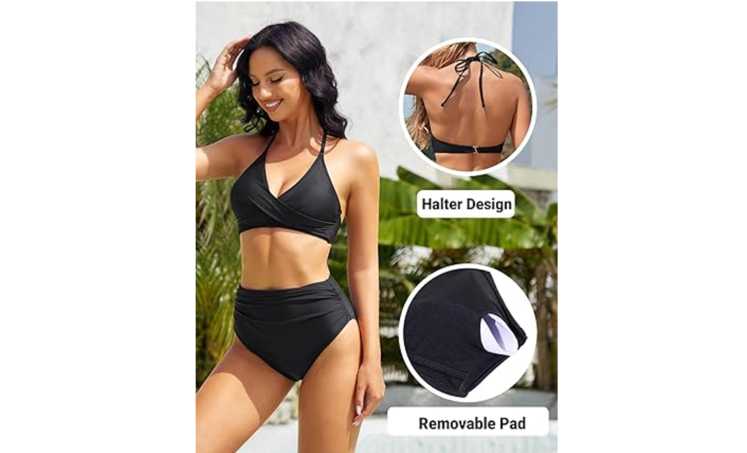 Yonique Women Two Piece High Waisted Bikini Set Halter Swimsuit Twist Front, XL