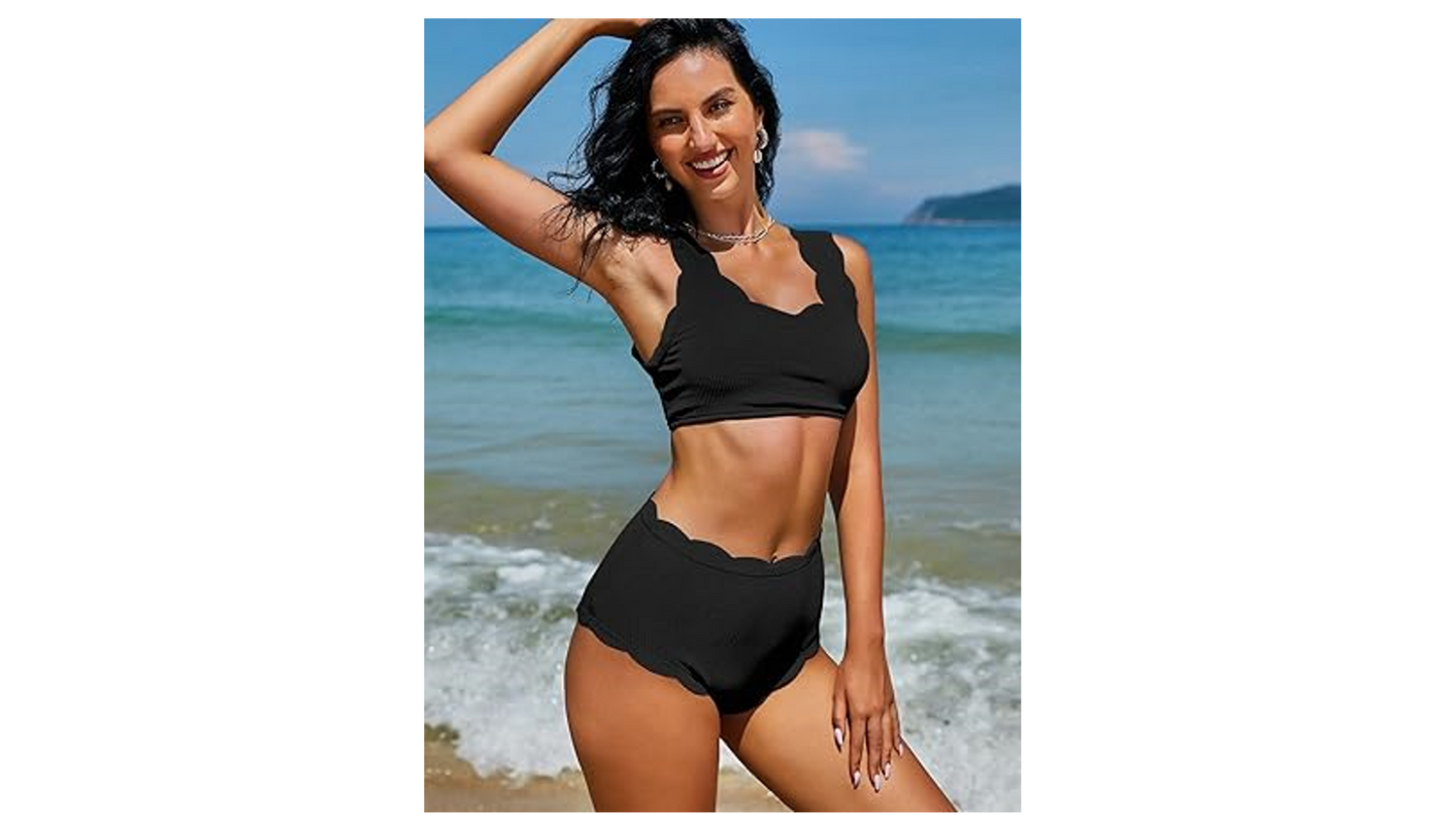 ZAFUL Women Scalloped Textured Swimwear High Waist Wide Strap Adjustable Back, S
