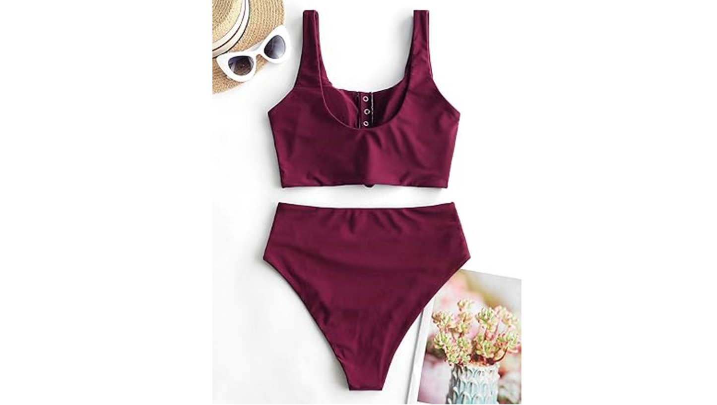 ZAFUL Women Knotted Front Tankini Set High Waisted Bikini Scoop Neck 2 Piece, XS