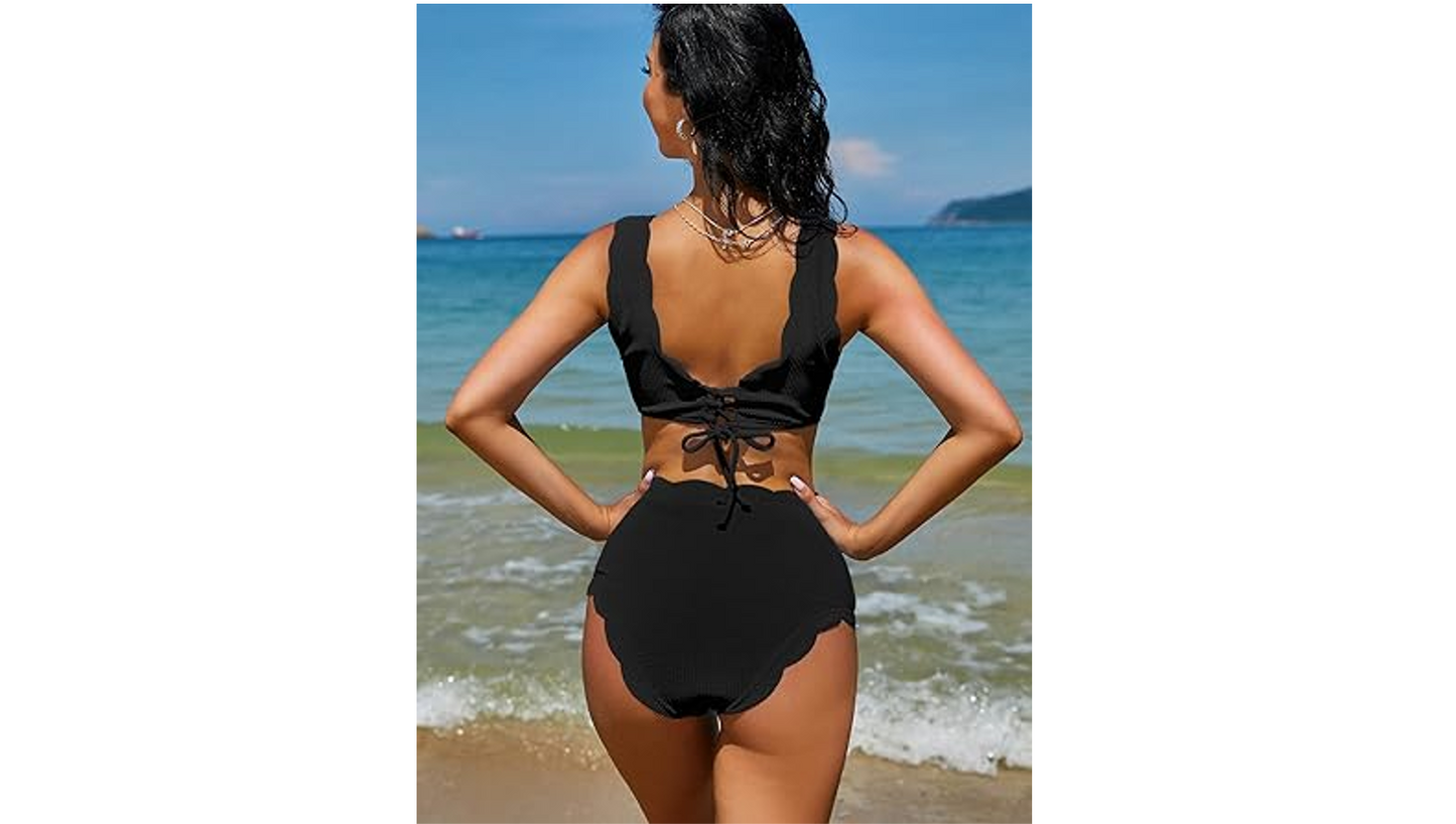 ZAFUL Women Scalloped Textured Swimwear High Waist Wide Strap Adjustable Back, S