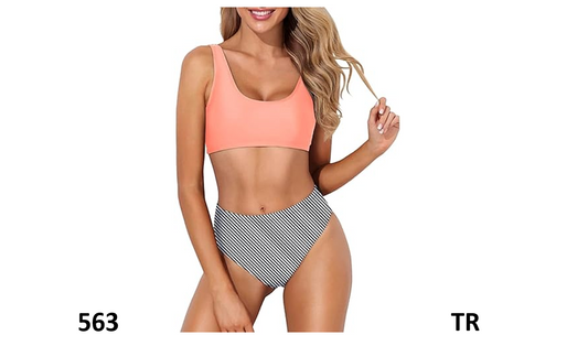 Tempt Me Women Pink Stripe 2 Piece Scoop Neck Bikini Crop Top HighCut Swimsuit,S