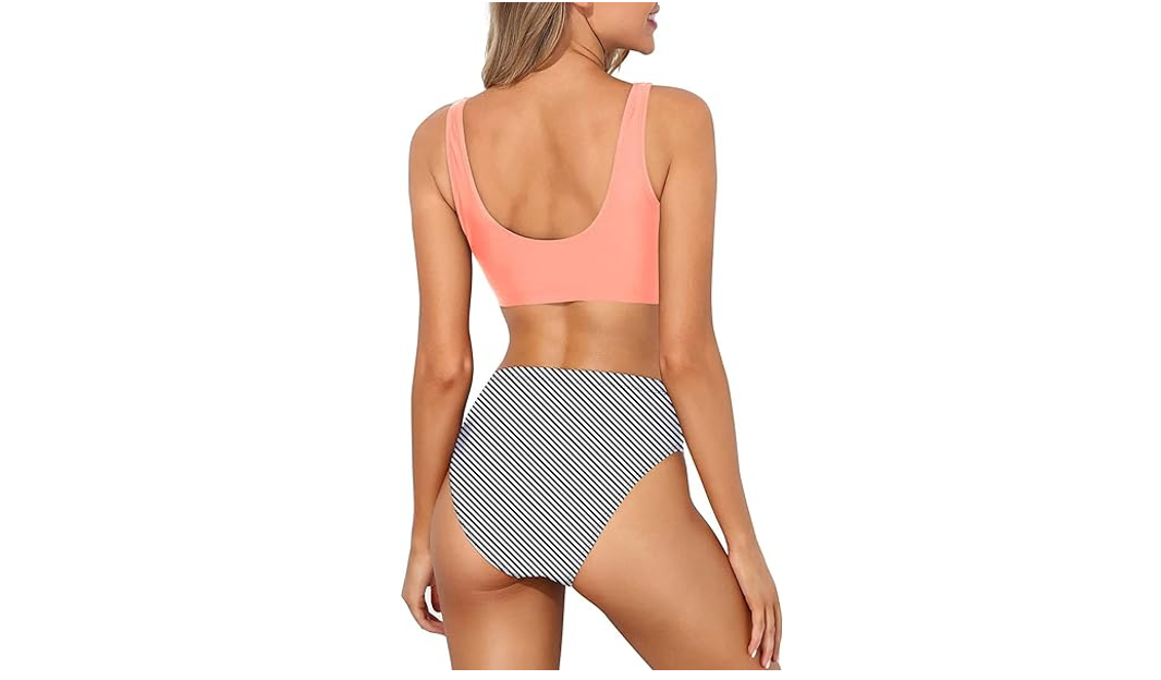 Tempt Me Women Pink Stripe 2 Piece Scoop Neck Bikini Crop Top HighCut Swimsuit,S