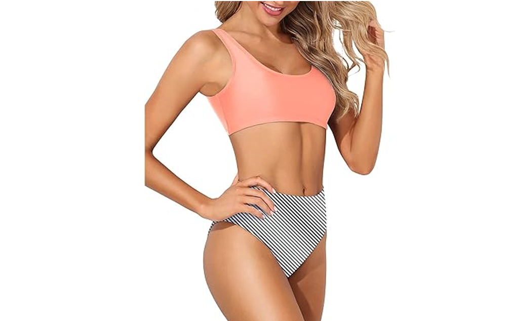 Tempt Me Women Pink Stripe 2 Piece Scoop Neck Bikini Crop Top HighCut Swimsuit,S