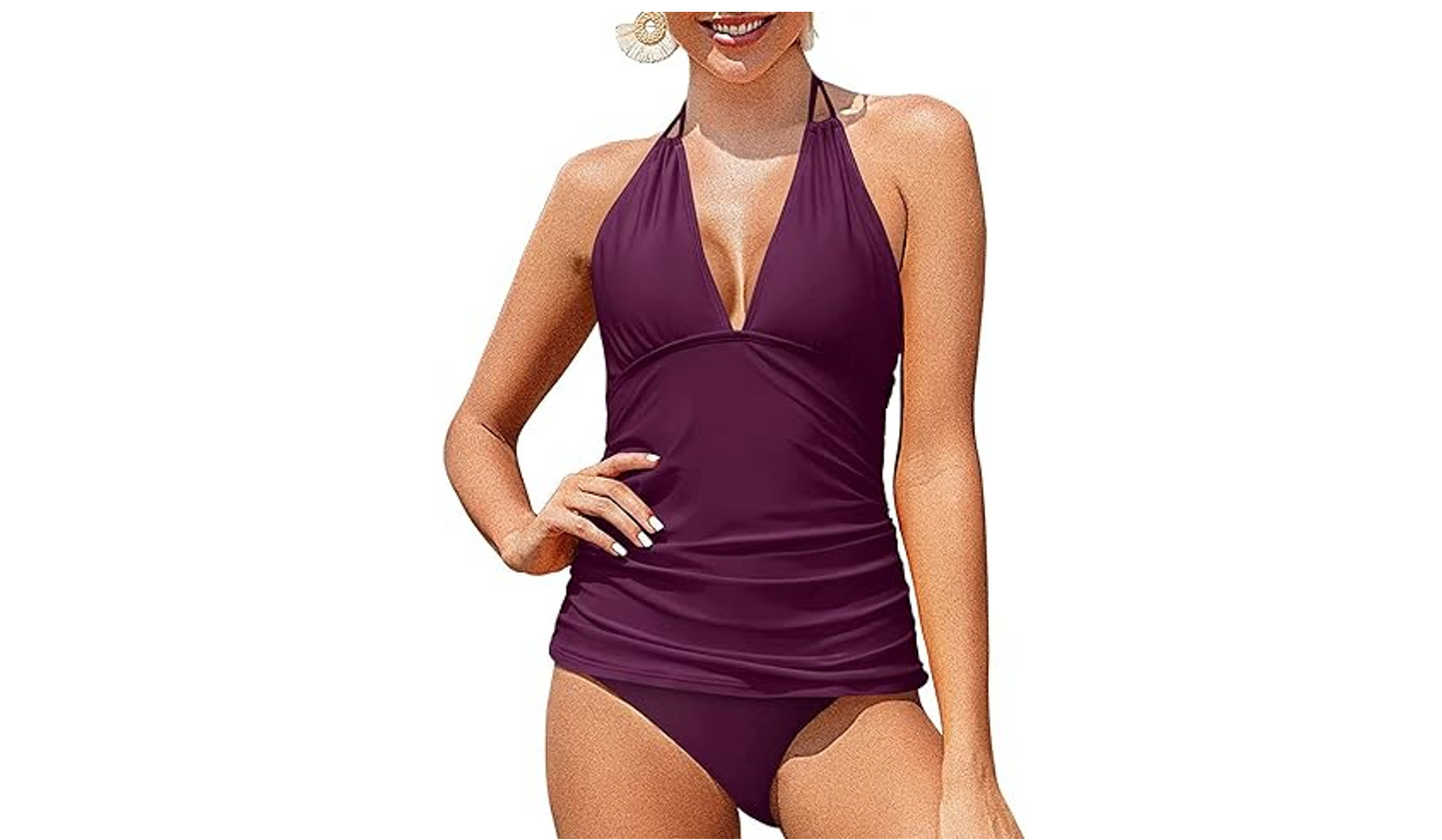 Yonique Women Halter Tankini Swimsuit Purple V-Neck Tankini Top, Bikini Bottom,S