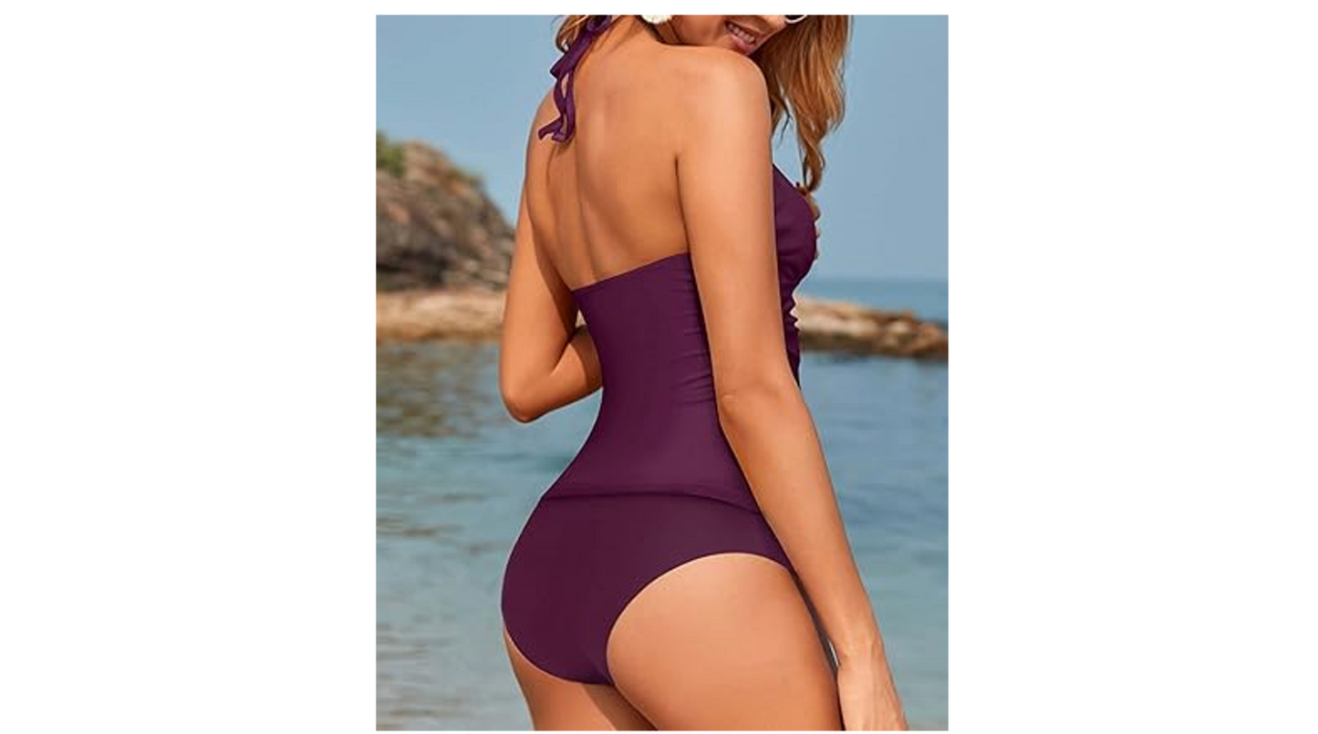 Yonique Women Halter Tankini Swimsuit Purple V-Neck Tankini Top, Bikini Bottom,S