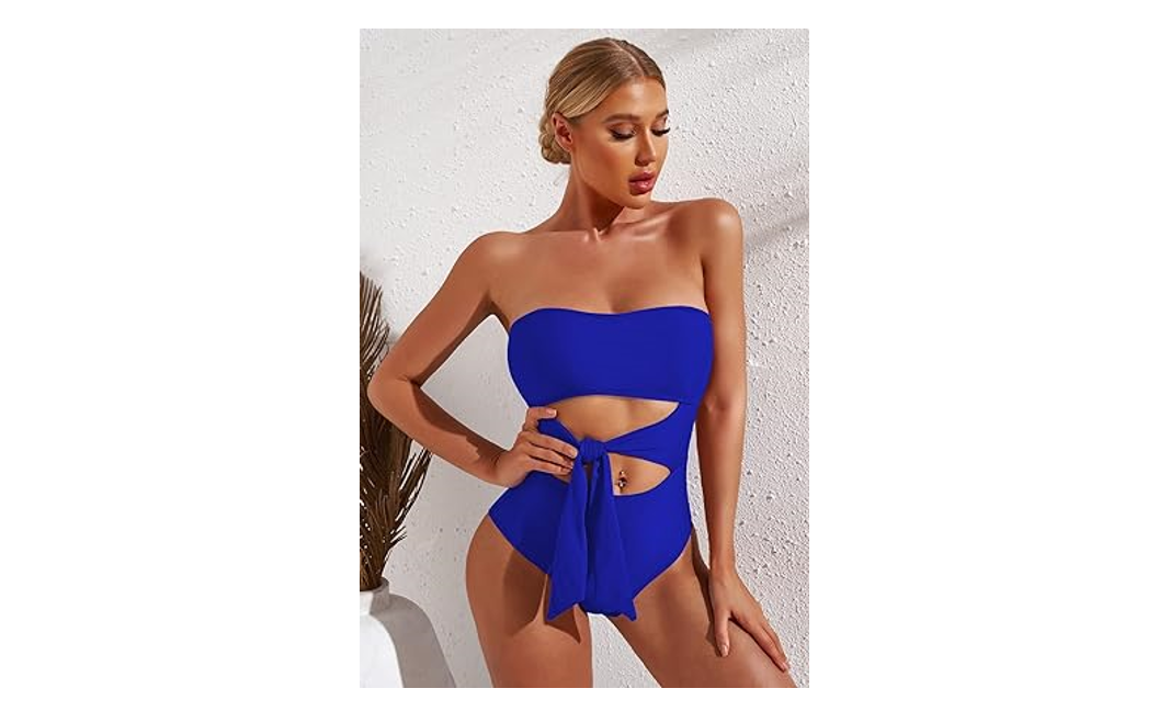 Viottiset Women Bandeau One Piece Bathing Swimsuit Strapless Tie High Cut Out, M