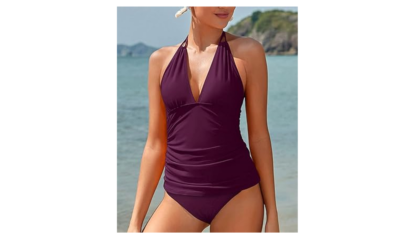 Yonique Women Halter Tankini Swimsuit Purple V-Neck Tankini Top, Bikini Bottom,S