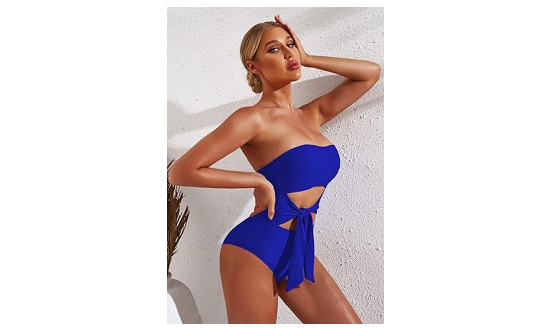 Viottiset Women Bandeau One Piece Bathing Swimsuit Strapless Tie High Cut Out, M
