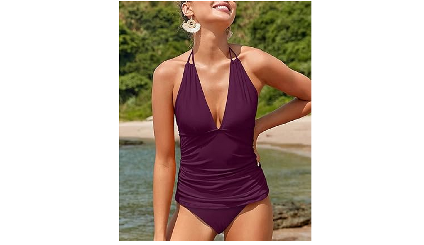 Yonique Women Halter Tankini Swimsuit Purple V-Neck Tankini Top, Bikini Bottom,S