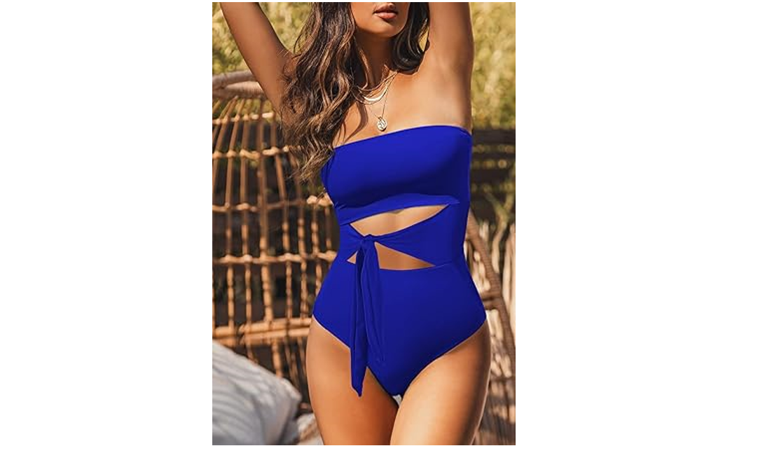 Viottiset Women Bandeau One Piece Bathing Swimsuit Strapless Tie High Cut Out, M