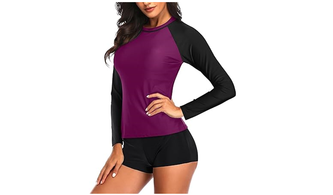 Daci Women Dark Purple Two Piece Rash Guard Long Sleeve Swimsuit UPF 50+ Swim, L