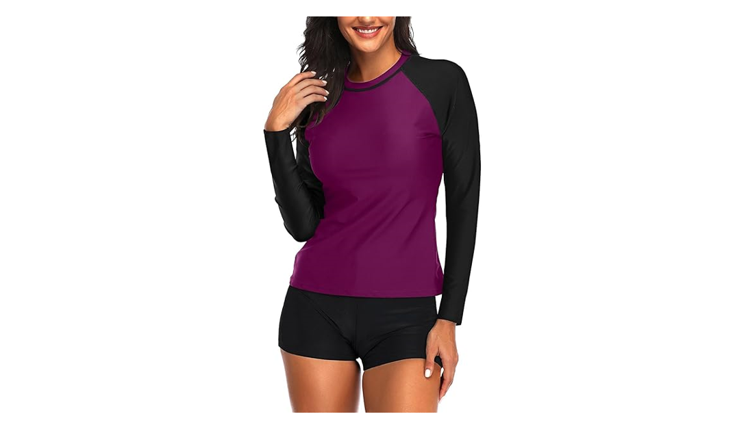 Daci Women Dark Purple Two Piece Rash Guard Long Sleeve Swimsuit UPF 50+ Swim, L