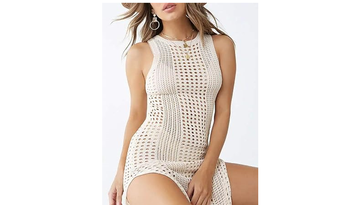 Bsubseach Women Beige Hollow Out Sleeveless Bikini Swimsuit Cover Up Swimwear