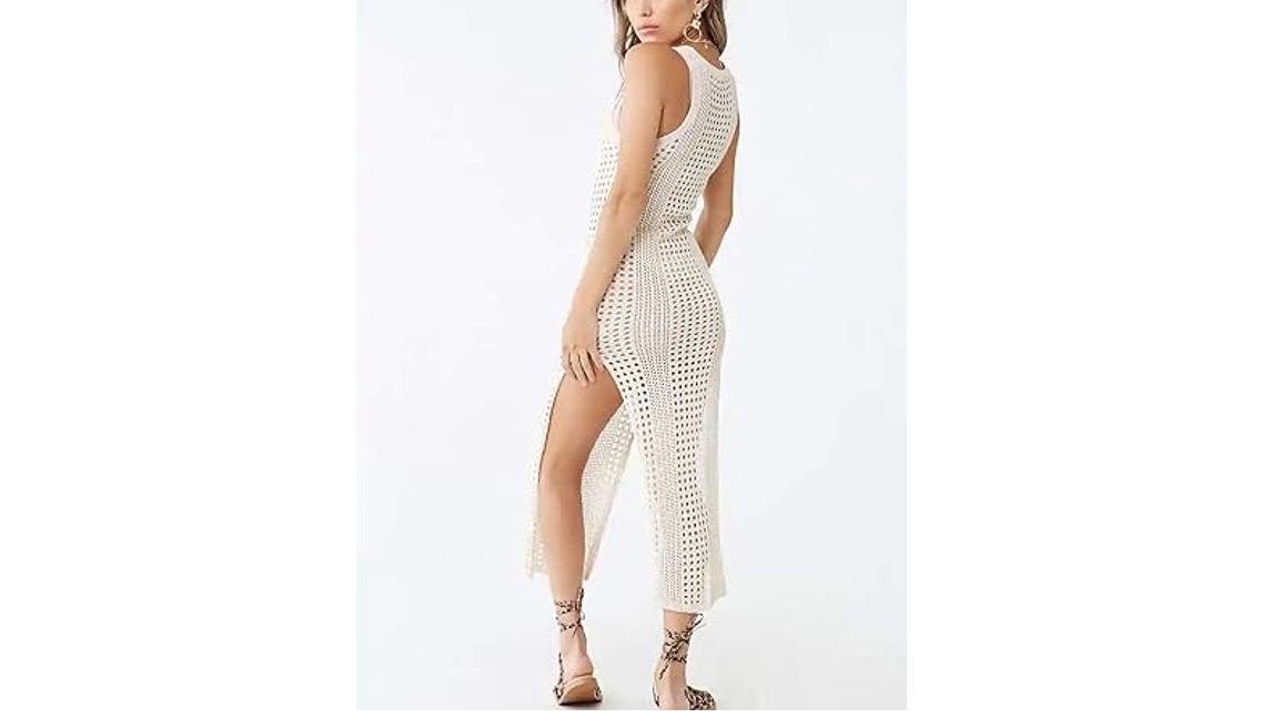 Bsubseach Women Beige Hollow Out Sleeveless Bikini Swimsuit Cover Up Swimwear