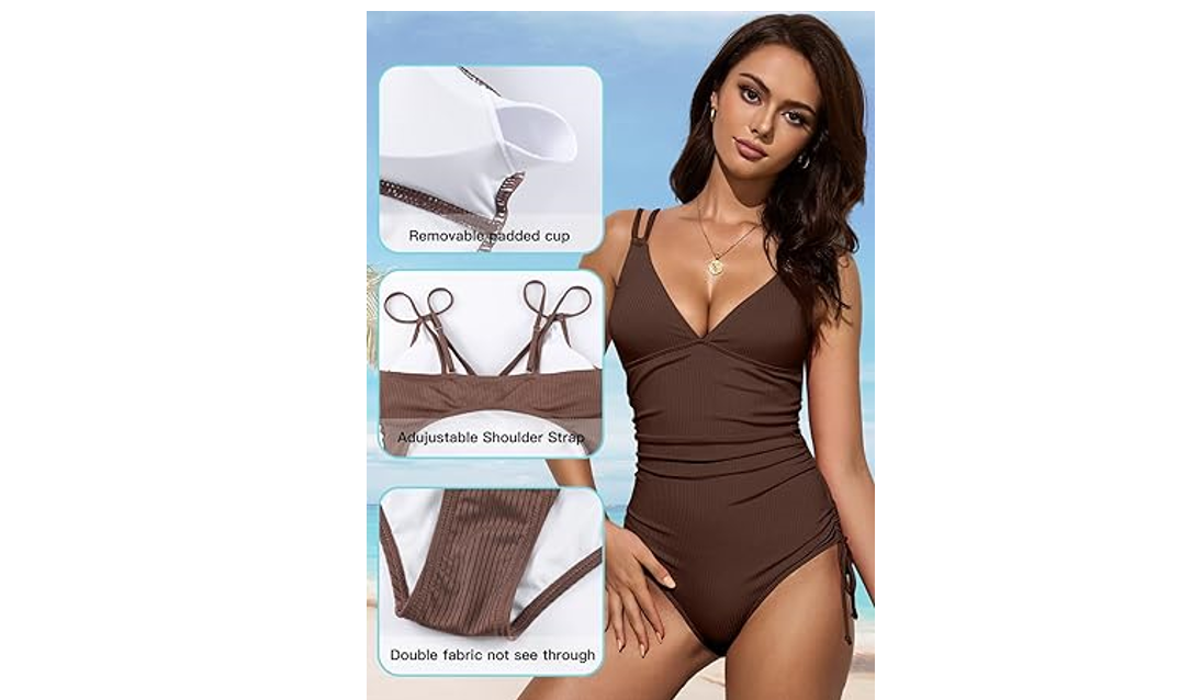 Aleumdr Women's V Neck One Piece Swimsuit Padded Push Up Tummy Control Bathing,L