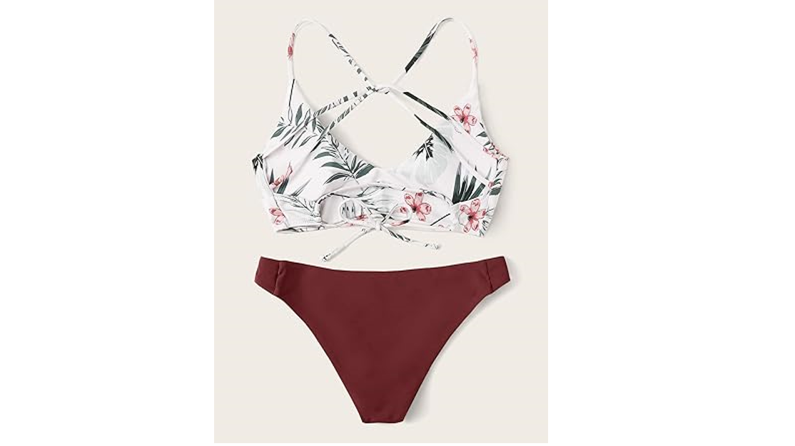 SweatyRocks Women Sexy Bathing Suit Floral Print Cross Back BikiniSet Swimsuit,L