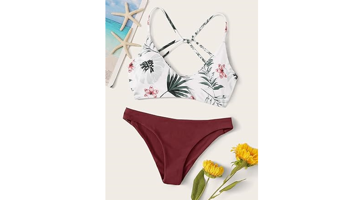 SweatyRocks Women Sexy Bathing Suit Floral Print Cross Back BikiniSet Swimsuit,L