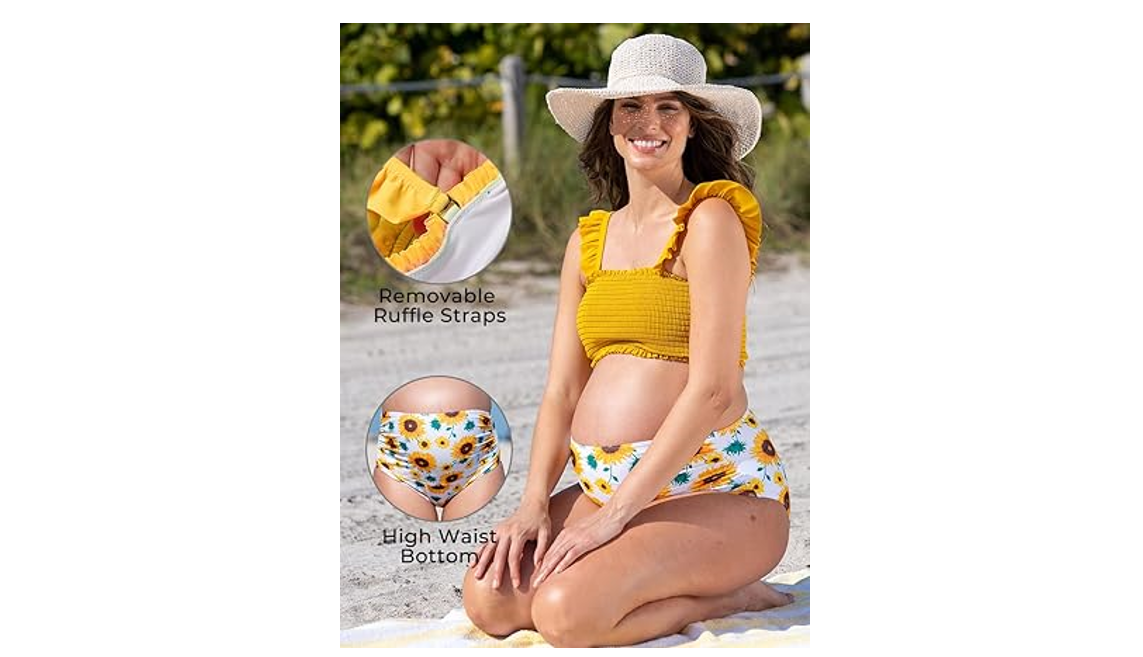 Summer Mae Maternity Ribbed 1 Piece Swimsuit Ruffle Flounce Bathing Suit VNeck,M