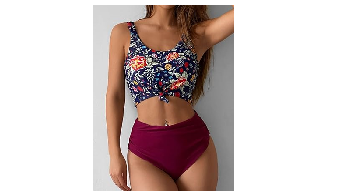 ZAFUL Women Knotted Front Tankini Set High Waisted Bikini Scoop Neck Swimsuit, L