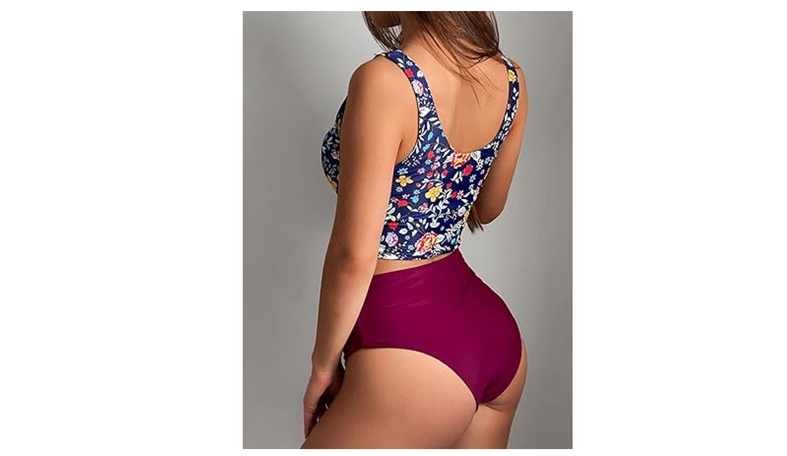 ZAFUL Women Knotted Front Tankini Set High Waisted Bikini Scoop Neck Swimsuit, L
