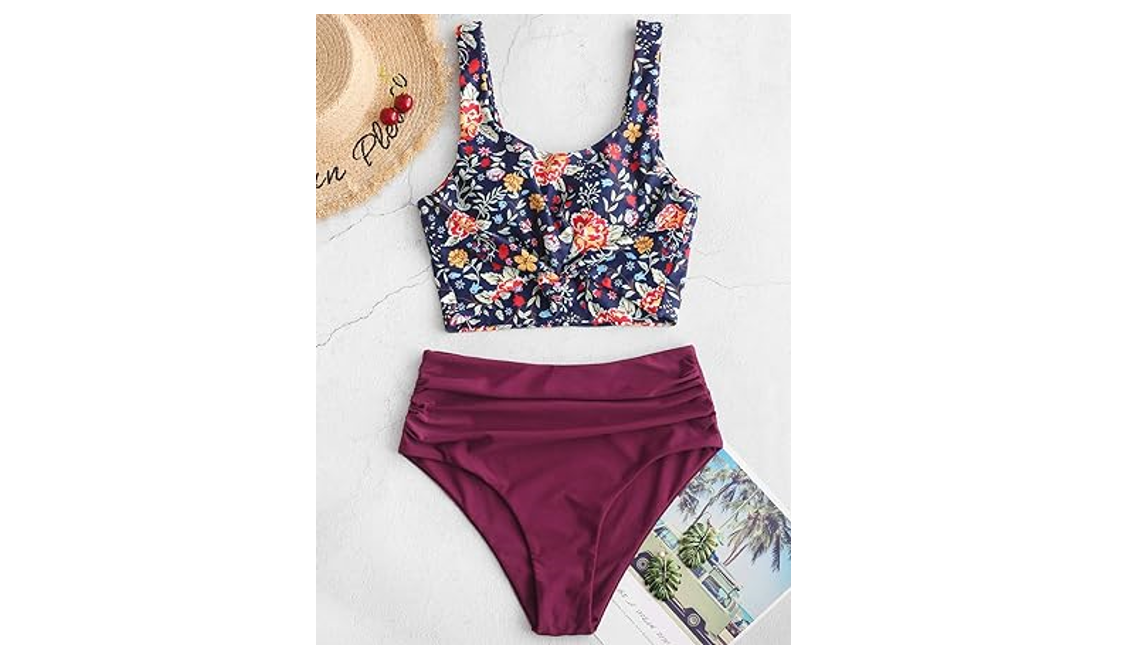 ZAFUL Women Knotted Front Tankini Set High Waisted Bikini Scoop Neck Swimsuit, L