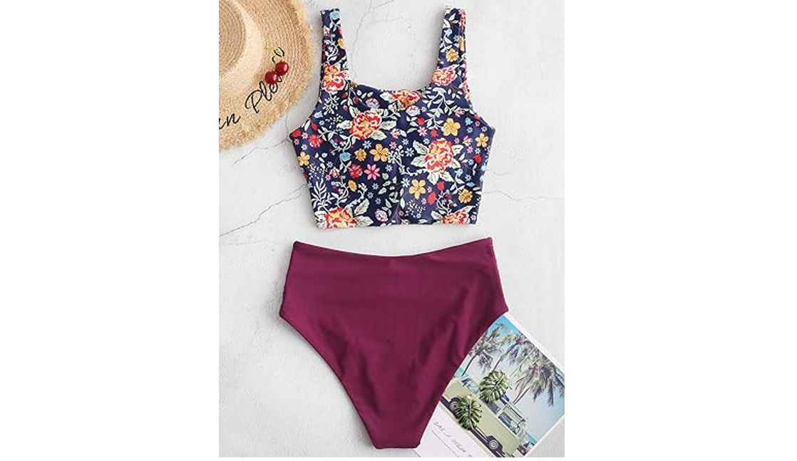 ZAFUL Women Knotted Front Tankini Set High Waisted Bikini Scoop Neck Swimsuit, L