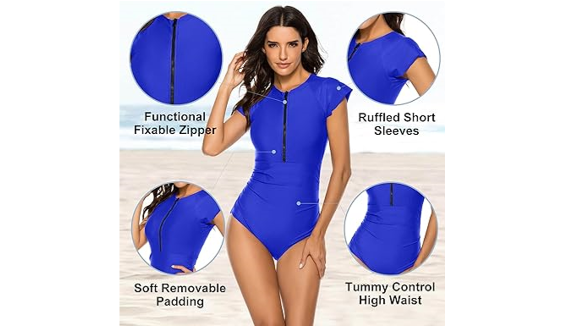 Wolddress Women Zip Front 1 Piece Rashguard Surfing Athletic Swimsuit Swimwear,L
