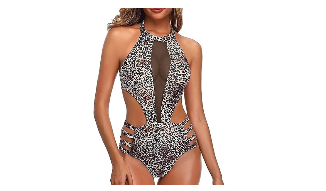 Tempt Me Women 1 Piece Sexy Mesh Swimsuit Leopard 3 High Neck Cutout Monokini, L