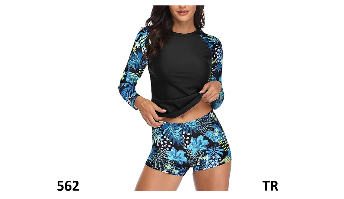 Daci Women Leaf Print 2 Piece Rash Guard Long Sleeve Swimsuits UPF 50+ Swim, XL