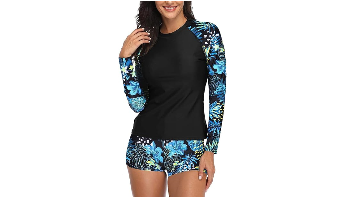 Daci Women Leaf Print 2 Piece Rash Guard Long Sleeve Swimsuits UPF 50+ Swim, XL