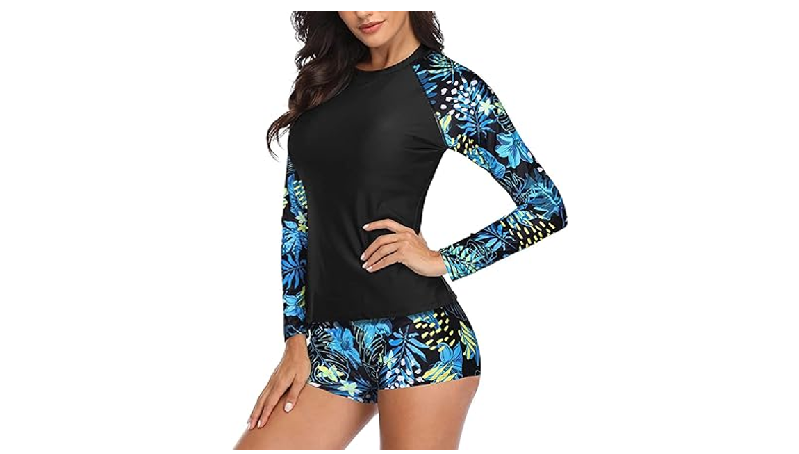 Daci Women Leaf Print 2 Piece Rash Guard Long Sleeve Swimsuits UPF 50+ Swim, XL