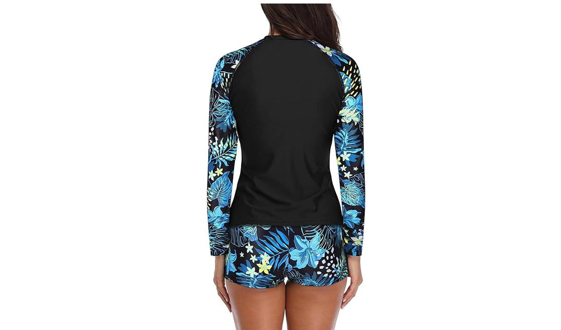 Daci Women Leaf Print 2 Piece Rash Guard Long Sleeve Swimsuits UPF 50+ Swim, XL