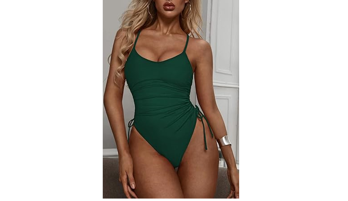 Viottiset Women Drawstring 1 Piece Swimsuit Ruched Tummy Control Cheeky High, XL