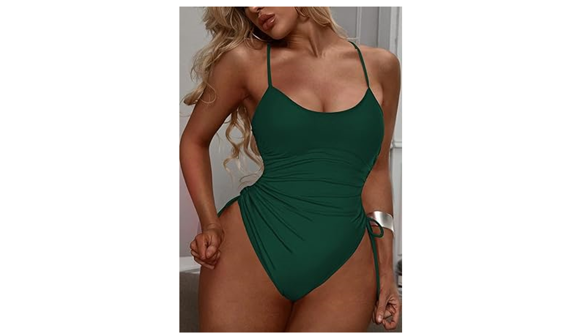 Viottiset Women Drawstring 1 Piece Swimsuit Ruched Tummy Control Cheeky High, XL