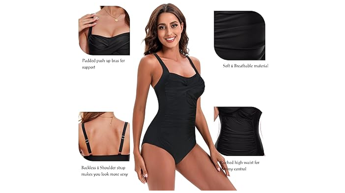 Women's Swimsuit One Piece Tummy Control Bathing Suit Ruched Vintage Push Up, XL