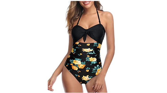 Tempt Me Women Black Floral Sexy Cutout 1 Piece Swimsuit Tummy Control, X-Large