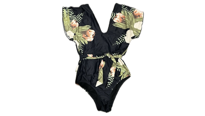 Byinns Women' V-Neck One-Piece Swimsuit with Belt Floral Printed Bathing Suit, S