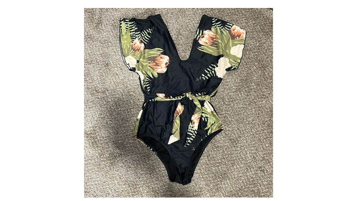 Byinns Women' V-Neck One-Piece Swimsuit with Belt Floral Printed Bathing Suit, S