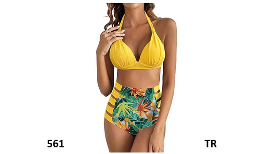 Women High Waisted Swimsuit Halter Triangle Bikini Push Up Swimwear, Yellow, S