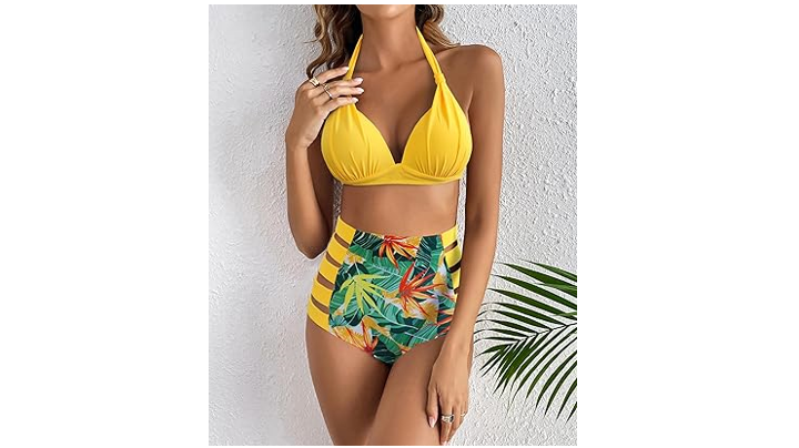 Women High Waisted Swimsuit Halter Triangle Bikini Push Up Swimwear, Yellow, S