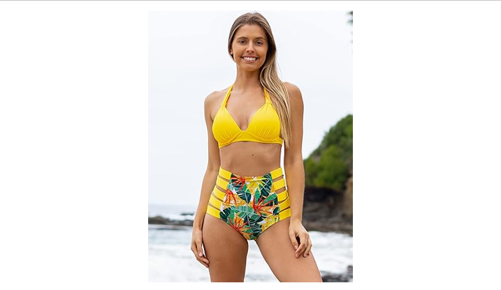 Women High Waisted Swimsuit Halter Triangle Bikini Push Up Swimwear, Yellow, S
